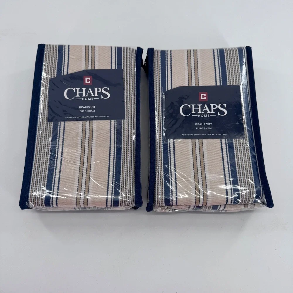 Chaps Beauport Euro Sham Set‎ of 2 Indigo Blue Cream Ticking Stripe 26x26 Cotton